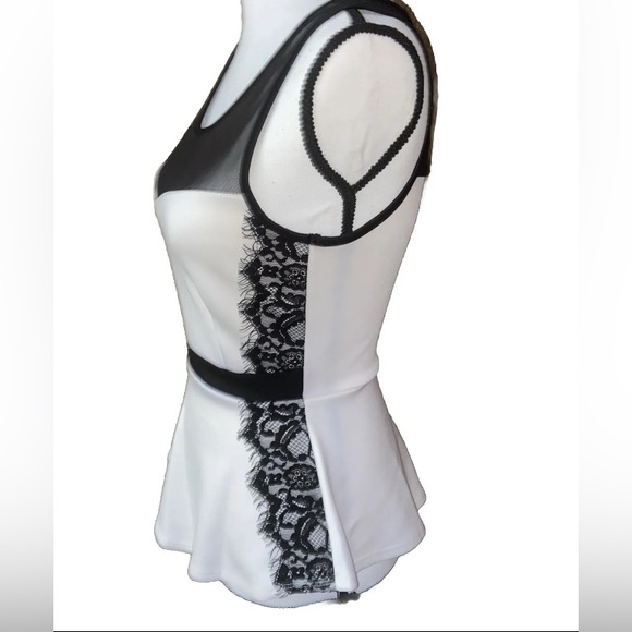 Danbee Womens Black Mesh Cutout Publem White Top Black Lace & Band - Picture 5 of 8
